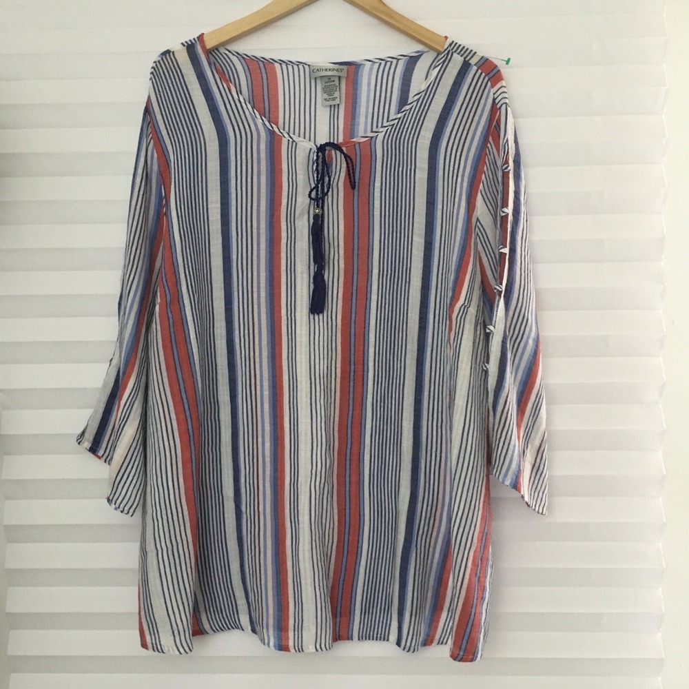 Catherines Tunic Top‎ Size 2X 22/24W Striped 3/4 Sleeve Scoop Neck Tassle Tie